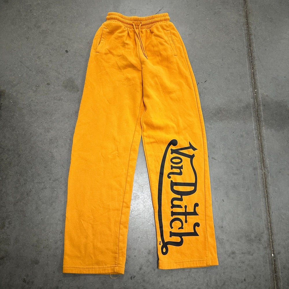 Von Dutch Womens Orange Graphic Baggy Fleece Sweatpants XS Drawstring Joggers